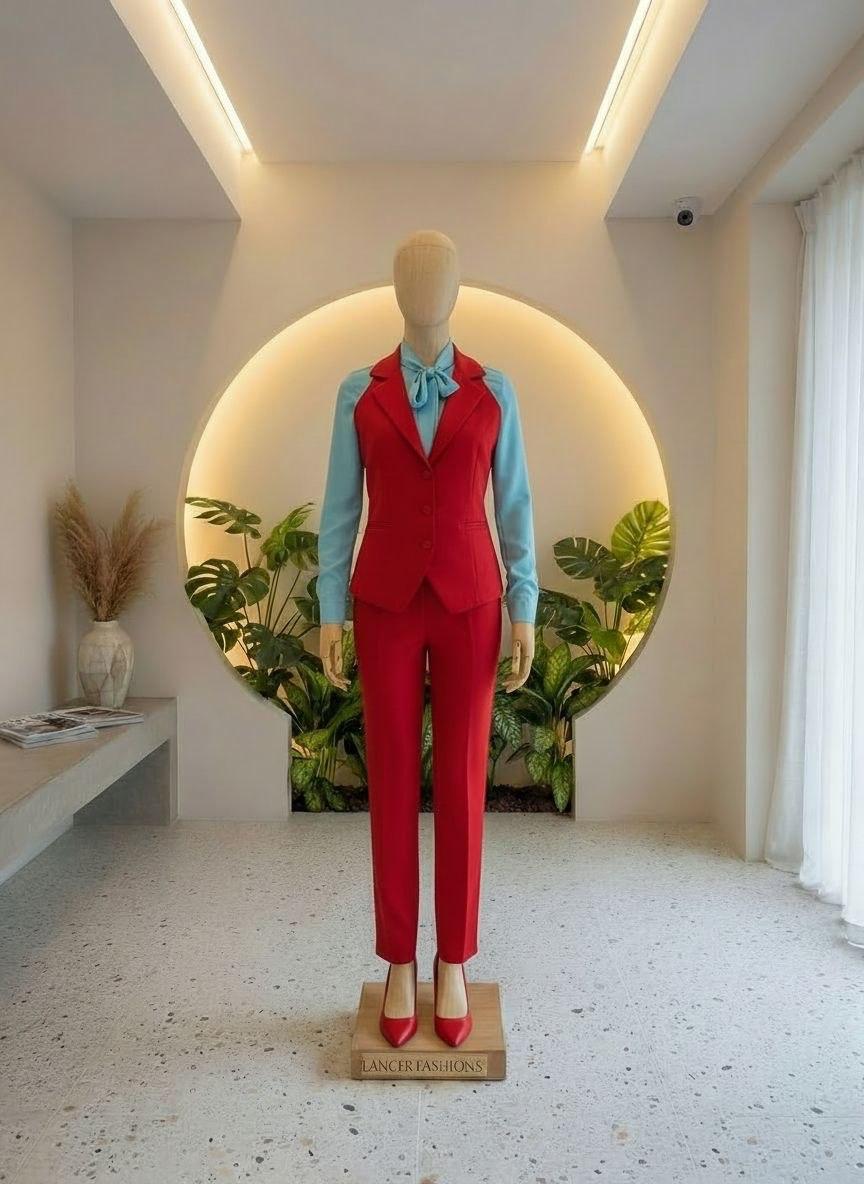 Red and blue cabin crew suit