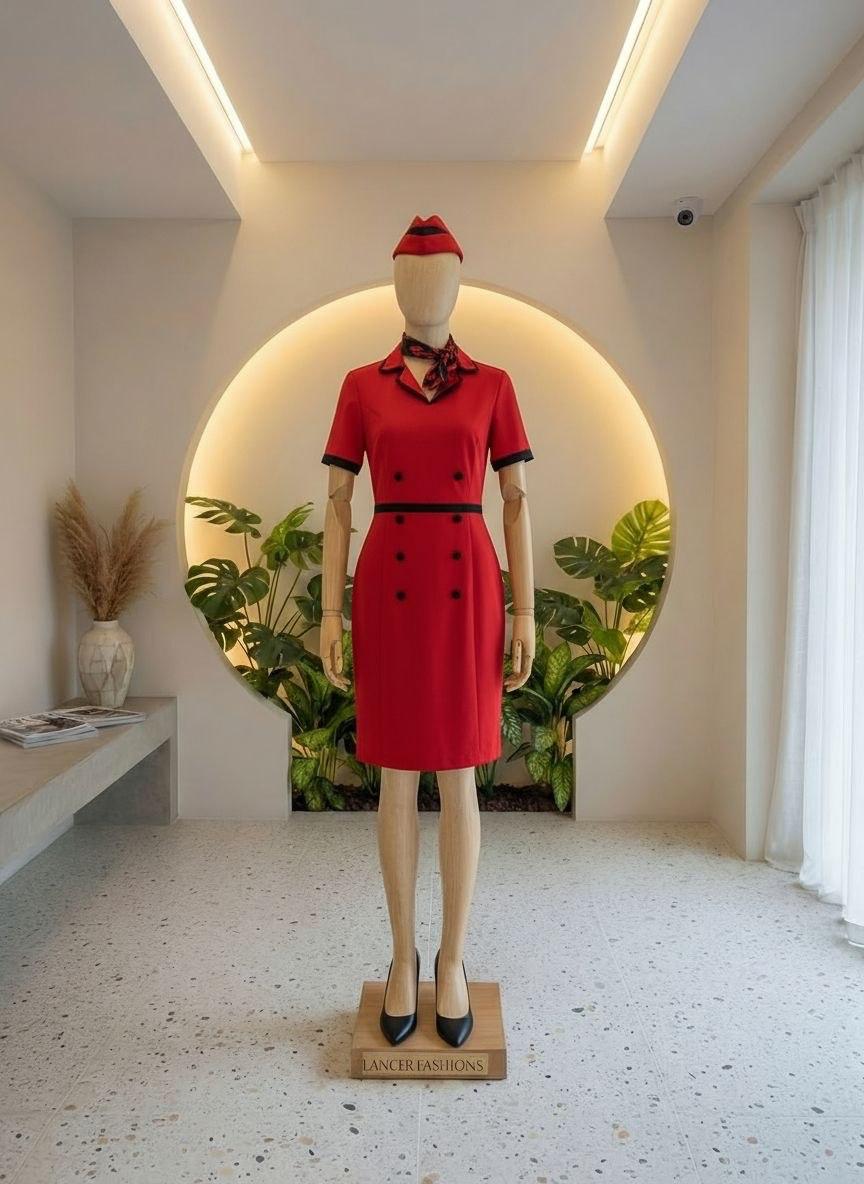 Red double breasted cabin crew dress