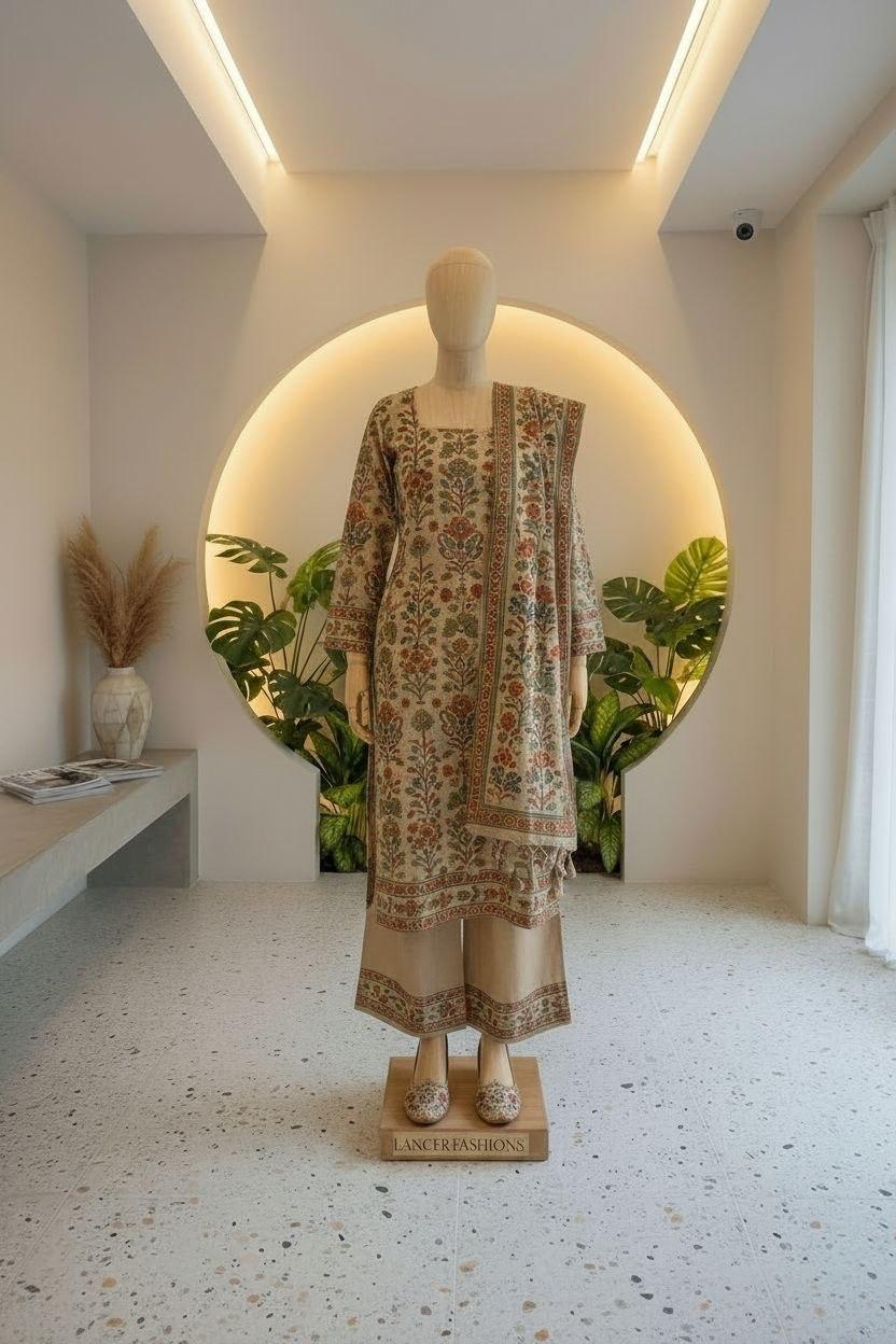 Beige floral kurti dupatta set
