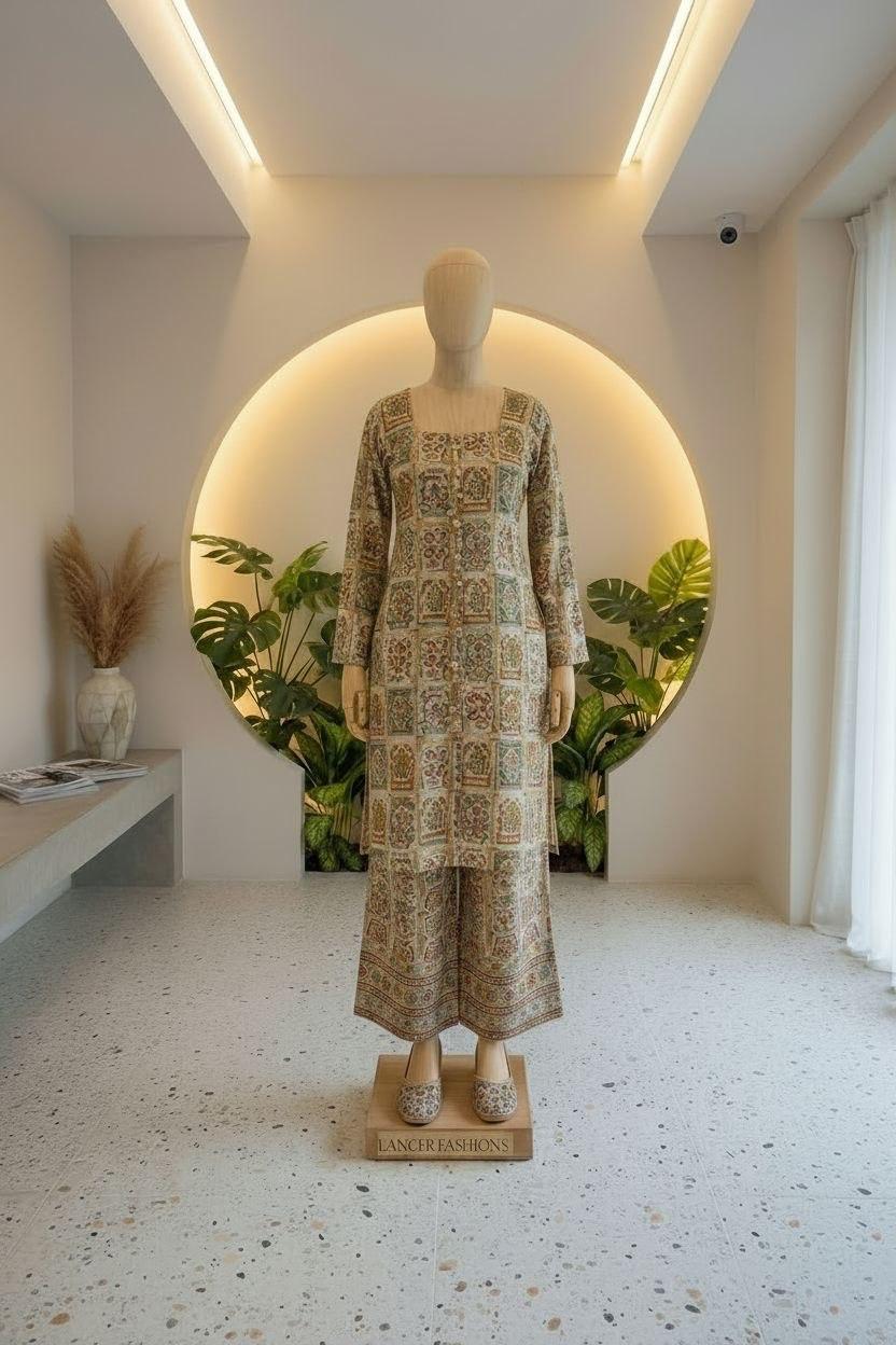 Beige printed kurti palazzo set