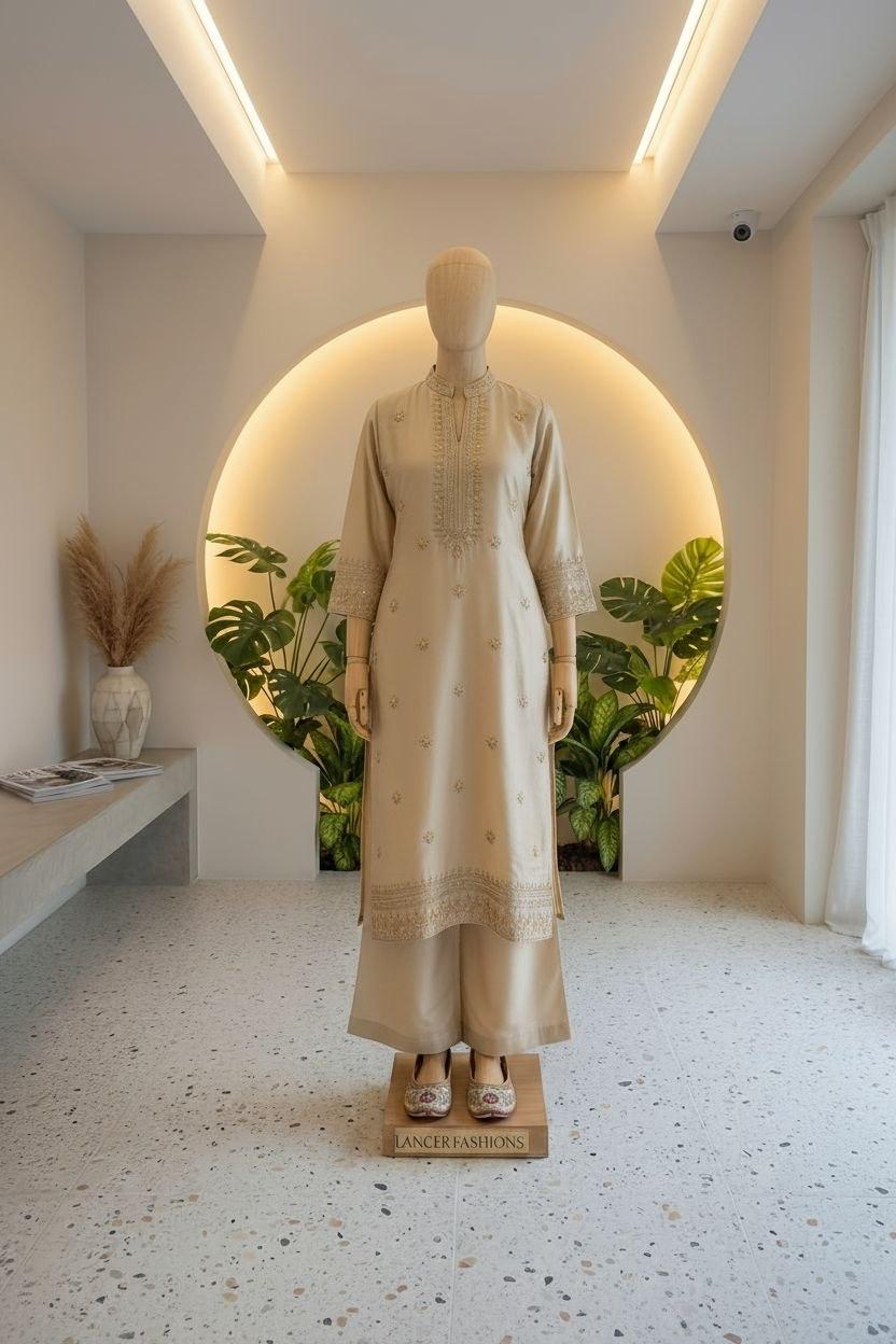 Cream embroidered kurti set