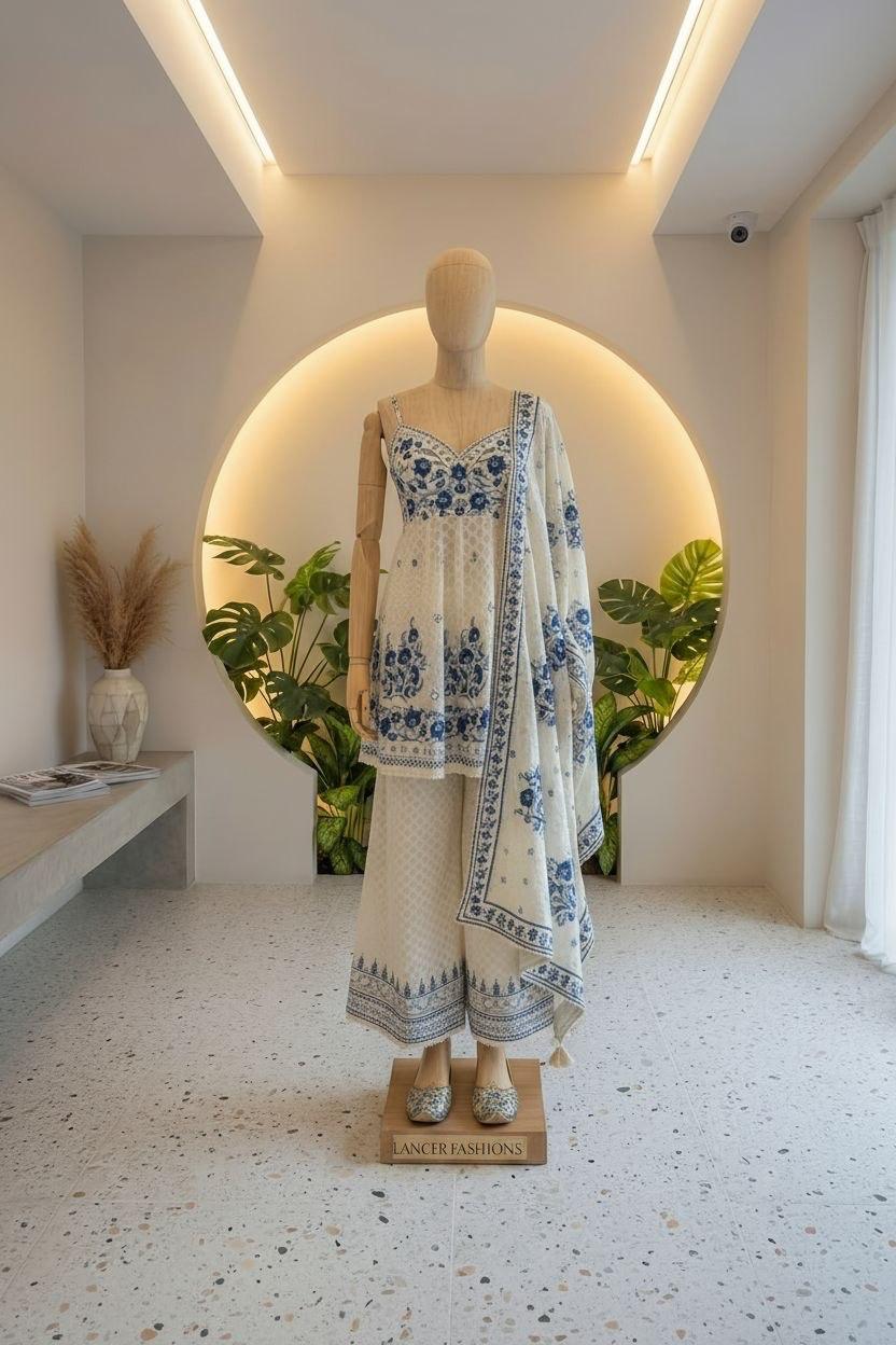 White blue embroidered kurti dupatta set