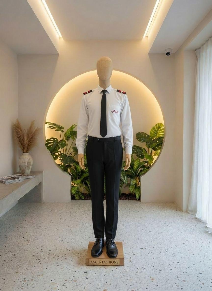 Pilot uniform manufacturing sample with shirt, tie, epaulettes, and trousers