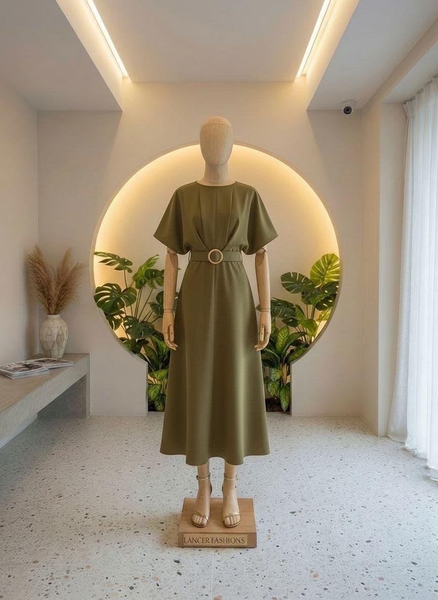 Olive belted midi dress